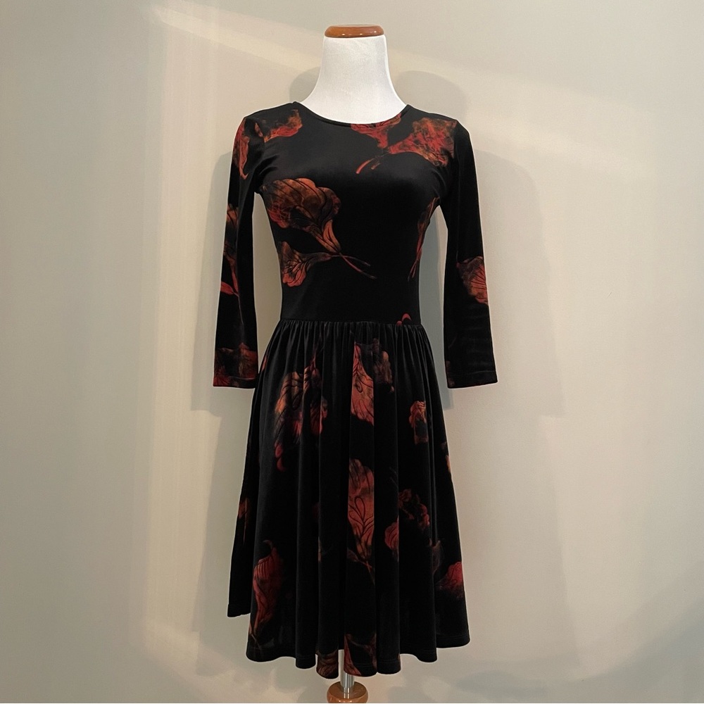 ASOS Black Velvet Skater Dress with Red Floral Pattern, Size 2